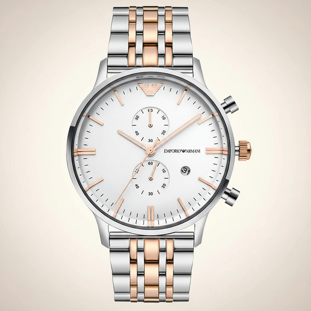 Emporio Armani AR0399 Men’s Silver Dial Two-Tone Stainless Steel Gianni Chronograph Watch - Luxury Hub Store