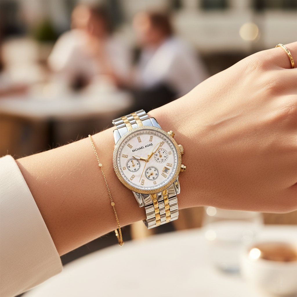 Michael Kors Ritz MK5057 Women’s Silver & Gold Stainless Steel Multi-Function Watch - Luxury Hub Store