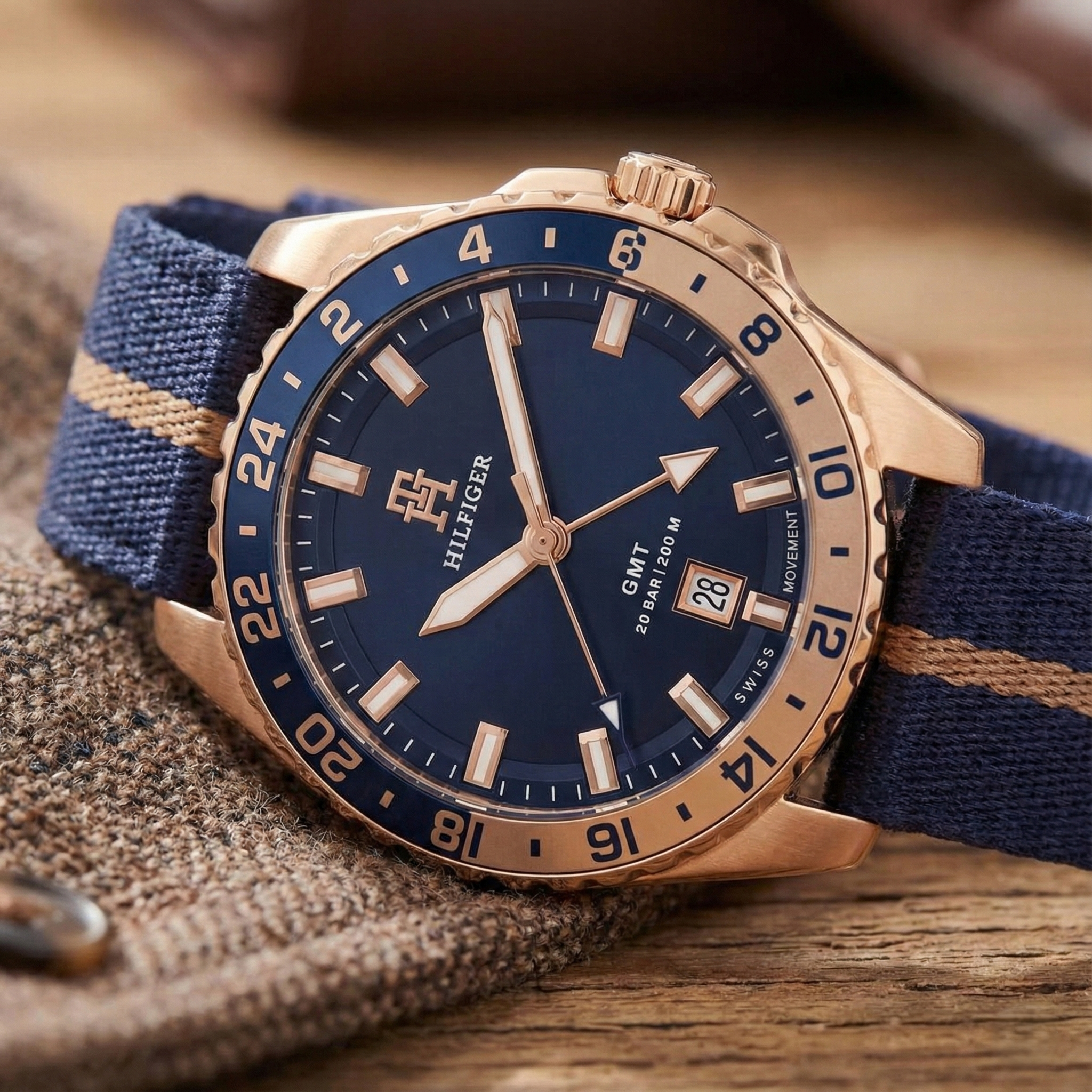 Tommy Hilfiger 1792130 Men’s GMT Watch – Blue Dial, Rose Gold Case & Navy Fabric Strap (200M Water Resistant) - Luxury Hub Store