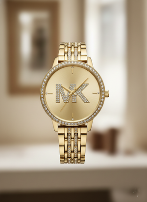 Michael Kors MK4371 Women’s Gold Dial Gold Stainless Steel Crystal MK Logo Watch - Luxury Hub Store