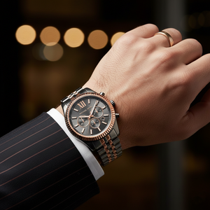 Michael Kors MK8561 Men’s Grey Dial Two-Tone Black Rose Gold Stainless Steel Lexington Chronograph Watch - Luxury Hub Store