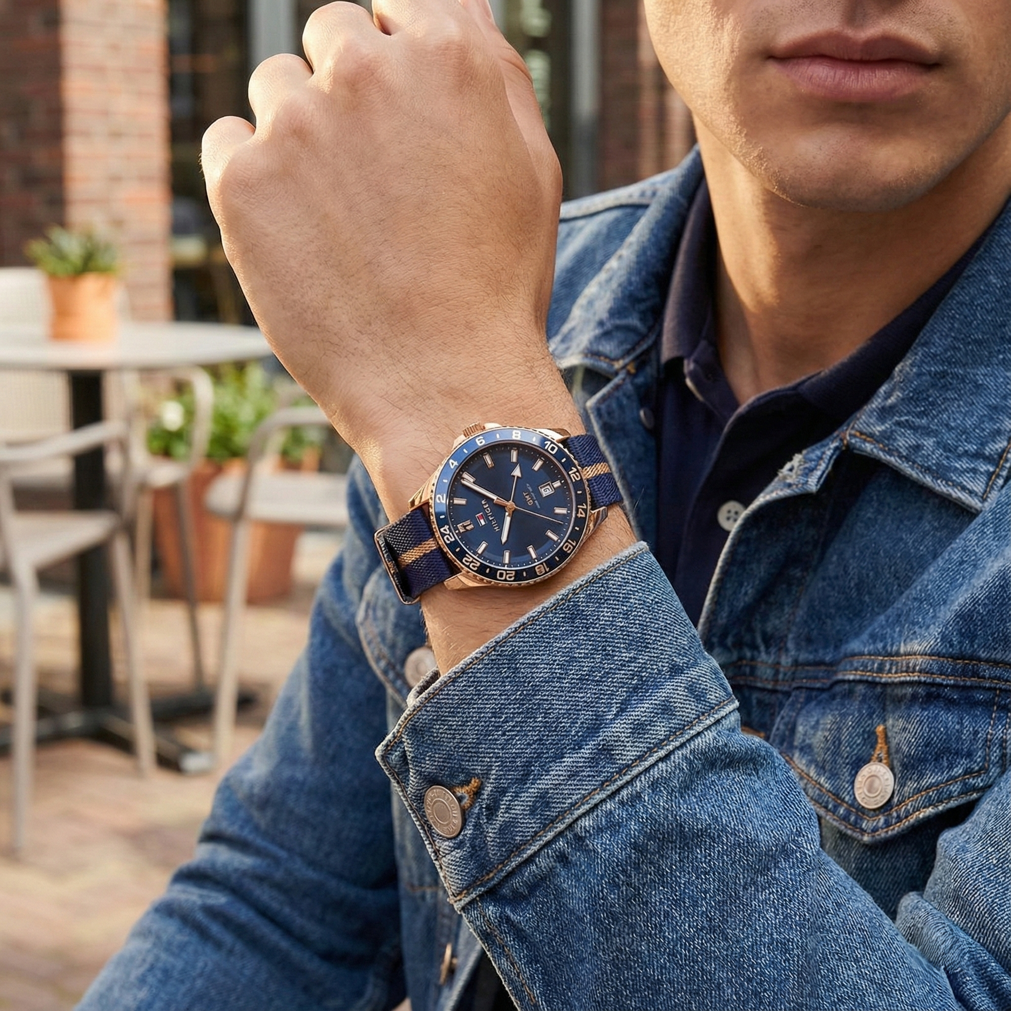 Tommy Hilfiger 1792130 Men’s GMT Watch – Blue Dial, Rose Gold Case & Navy Fabric Strap (200M Water Resistant) - Luxury Hub Store
