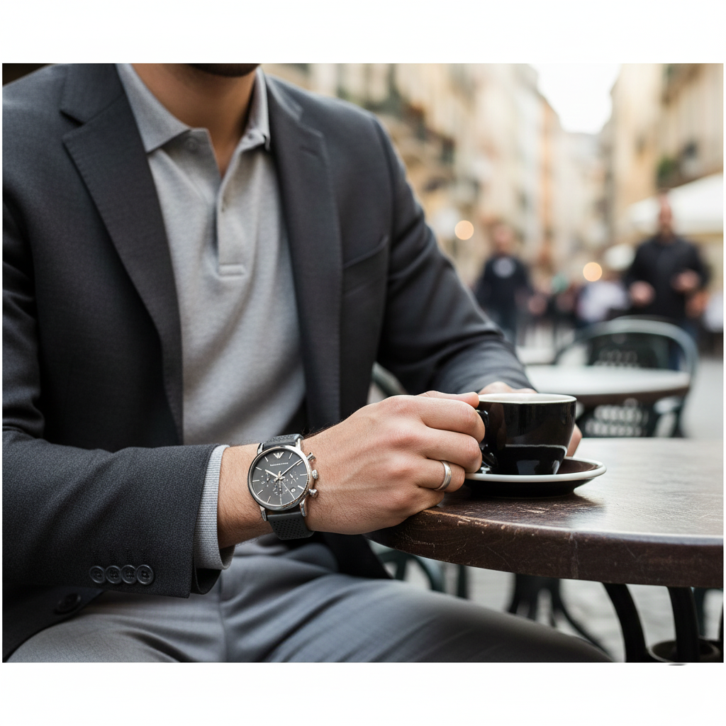 Emporio Armani AR1735 Men’s Grey Dial Grey Leather Chronograph Watch - Luxury Hub Store