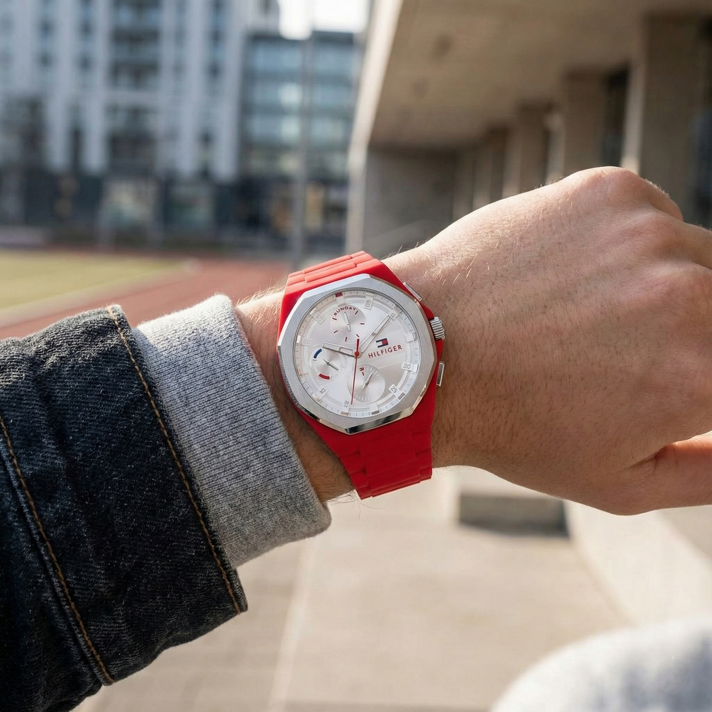 Tommy Hilfiger 1792123 Men’s Multi-Function Watch – Silver Dial & Red Silicone Strap (NEO Edition)