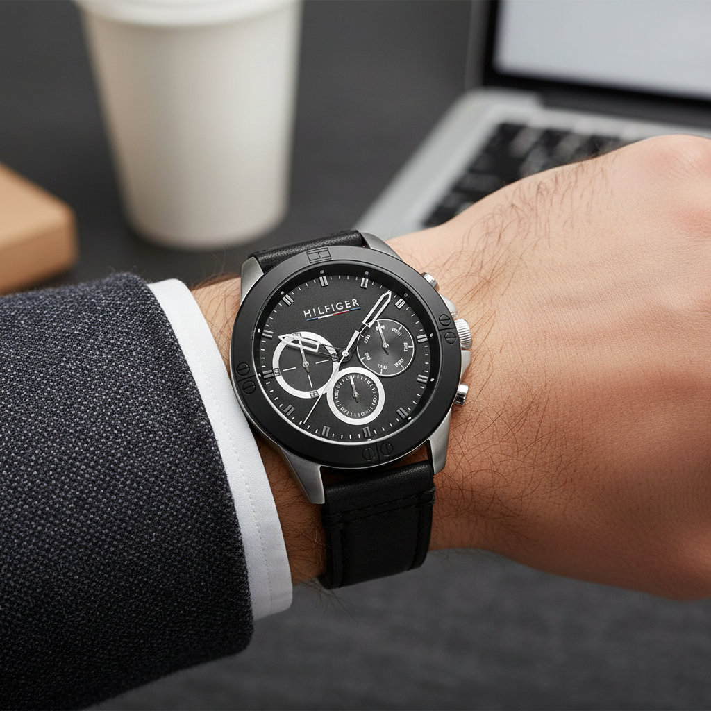 Tommy Hilfiger Harley 1791894 Men’s Black Dial Black Leather Multi-Function Watch