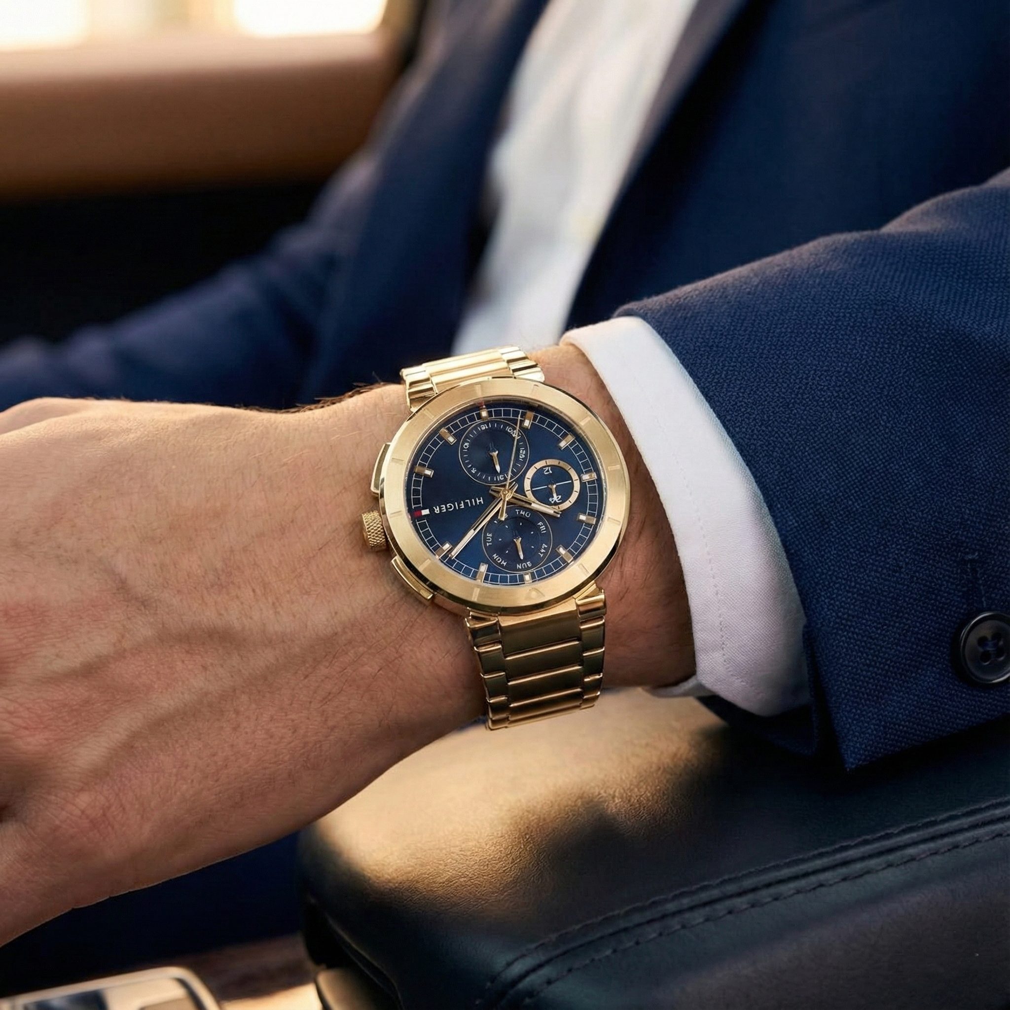 Tommy Hilfiger 1792118 Men’s Multi-Function Watch – Blue Dial & Gold Stainless-Steel Bracelet - Luxury Hub Store