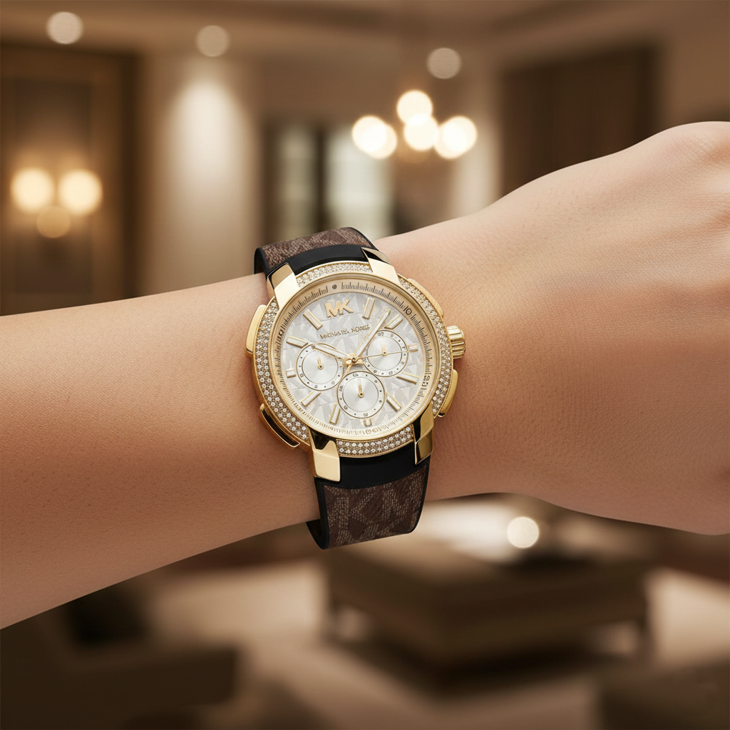 Michael Kors Sidney MK6948 Women’s Gold Dial Brown Logo Strap Multi-Function Watch