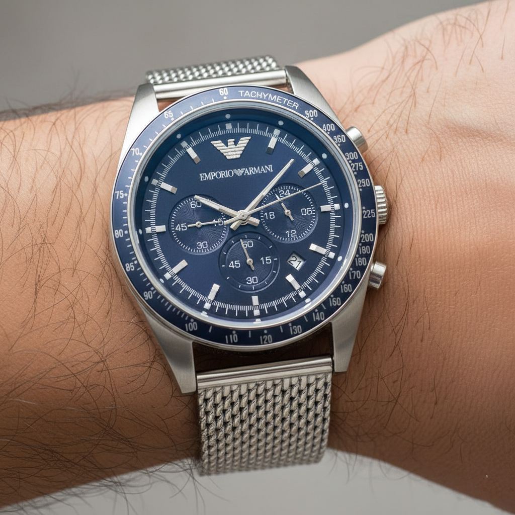 Detailed macro of Armani AR6072 blue chronograph dial and silver indices