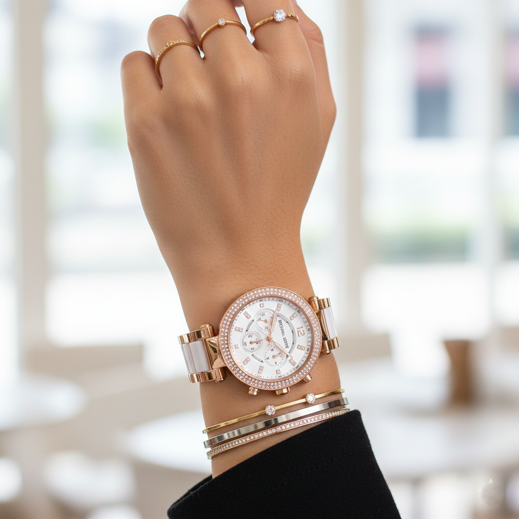 Michael Kors MK5774 Parker Women’s White Dial Rose Gold Chronograph Watch - Luxury Hub Store