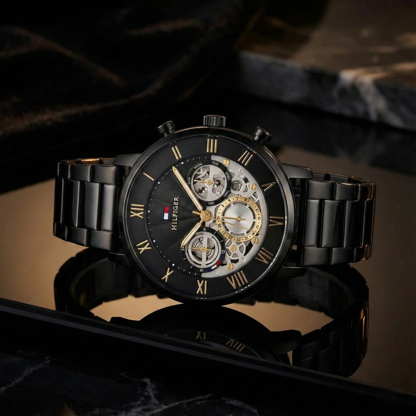 Tommy Hilfiger 1710706 Men’s Multi-Function Watch – Black & Gold Dial with Black Stainless-Steel Bracelet