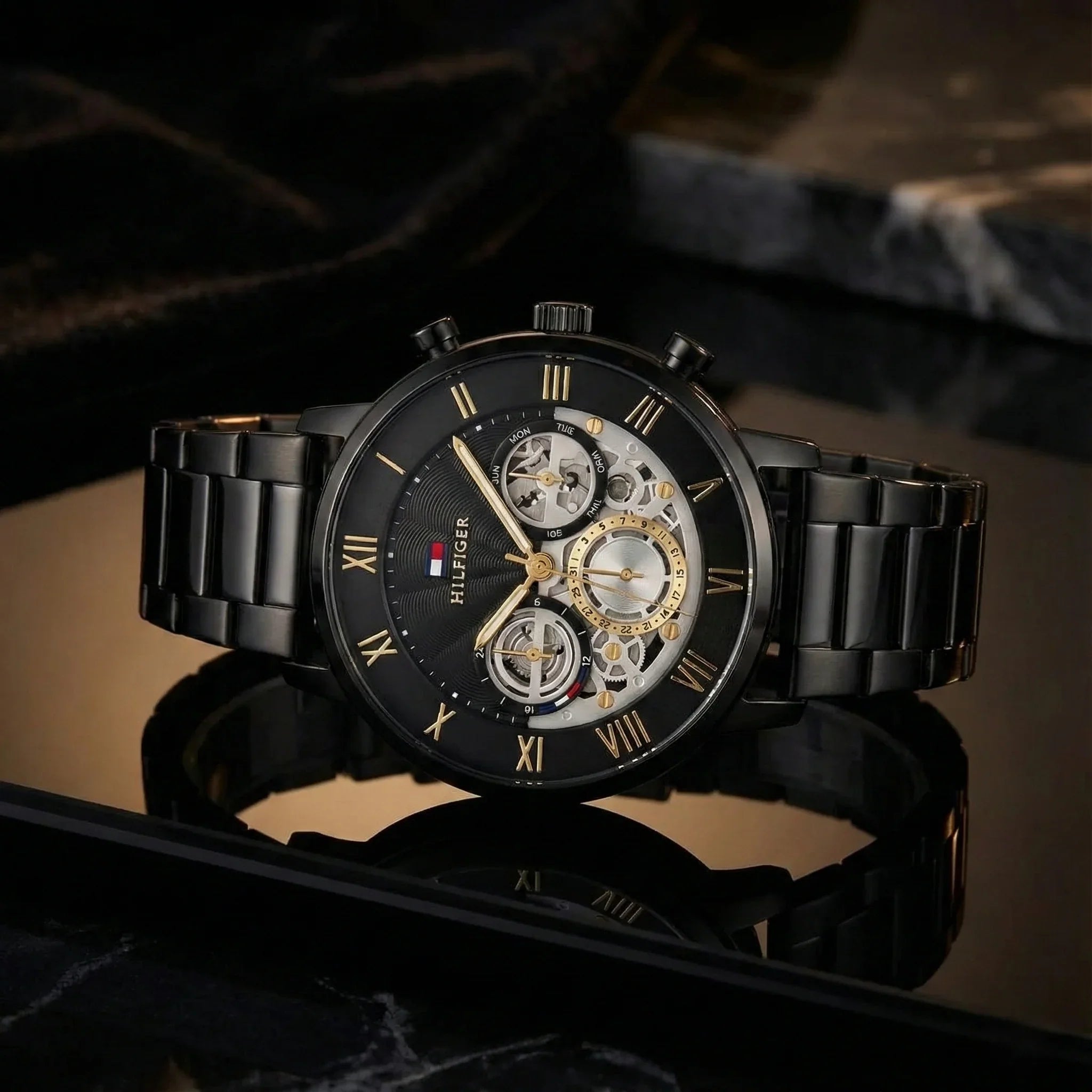 Tommy Hilfiger 1710706 Men’s Multi-Function Watch – Black & Gold Dial with Black Stainless-Steel Bracelet - Luxury Hub Store