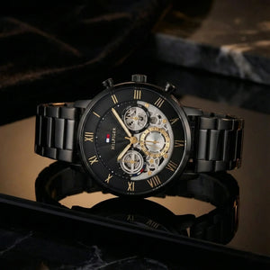 Tommy Hilfiger 1710706 Men’s Multi-Function Watch – Black & Gold Dial with Black Stainless-Steel Bracelet - Luxury Hub Store