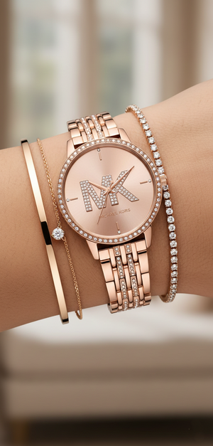 Michael Kors MK4372 Women’s Rose Gold Dial Rose Gold Stainless Steel Crystal MK Logo Watch - Luxury Hub Store