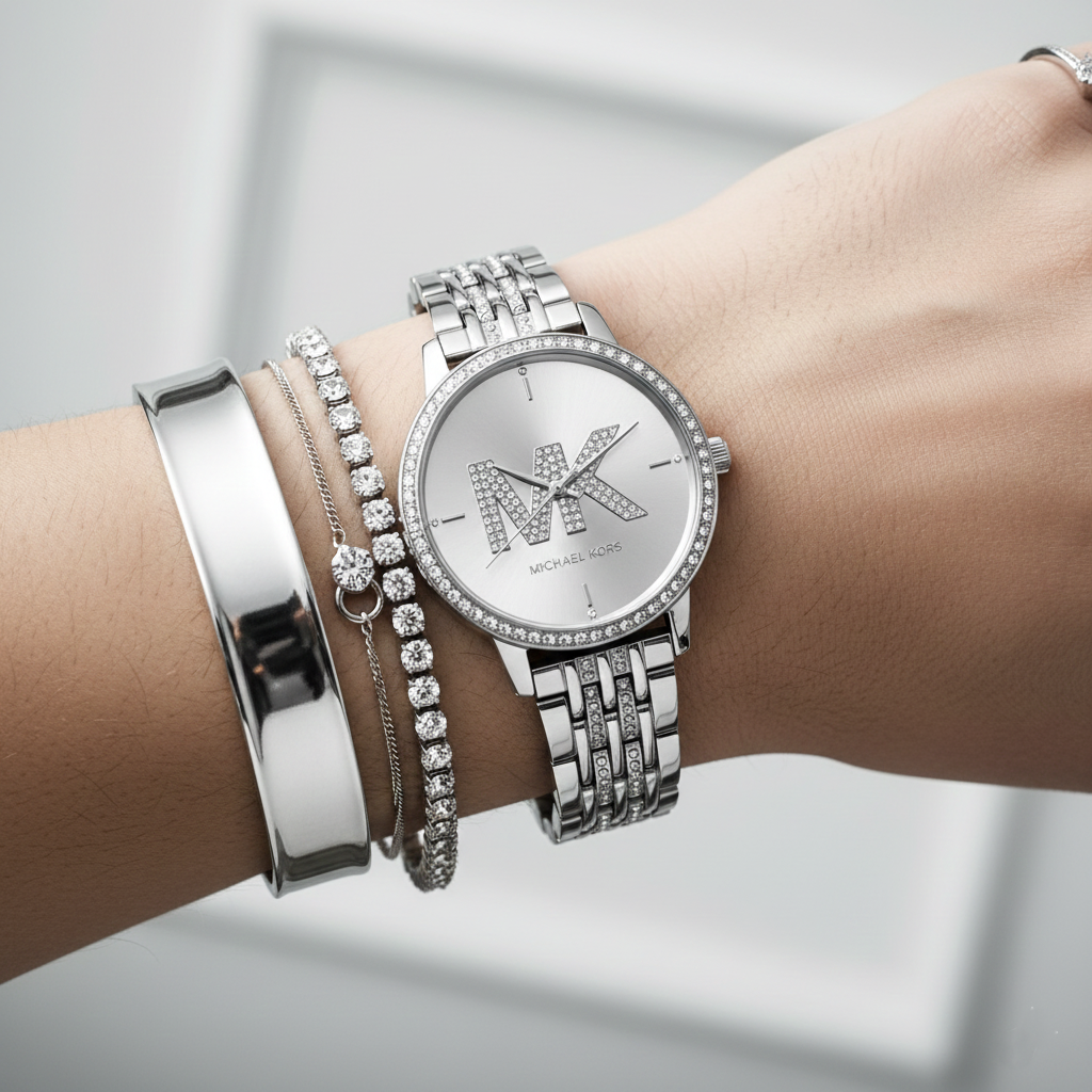 Michael Kors MK4370 Women’s Silver Dial Silver Stainless Steel Crystal MK Logo Watch - Luxury Hub Store