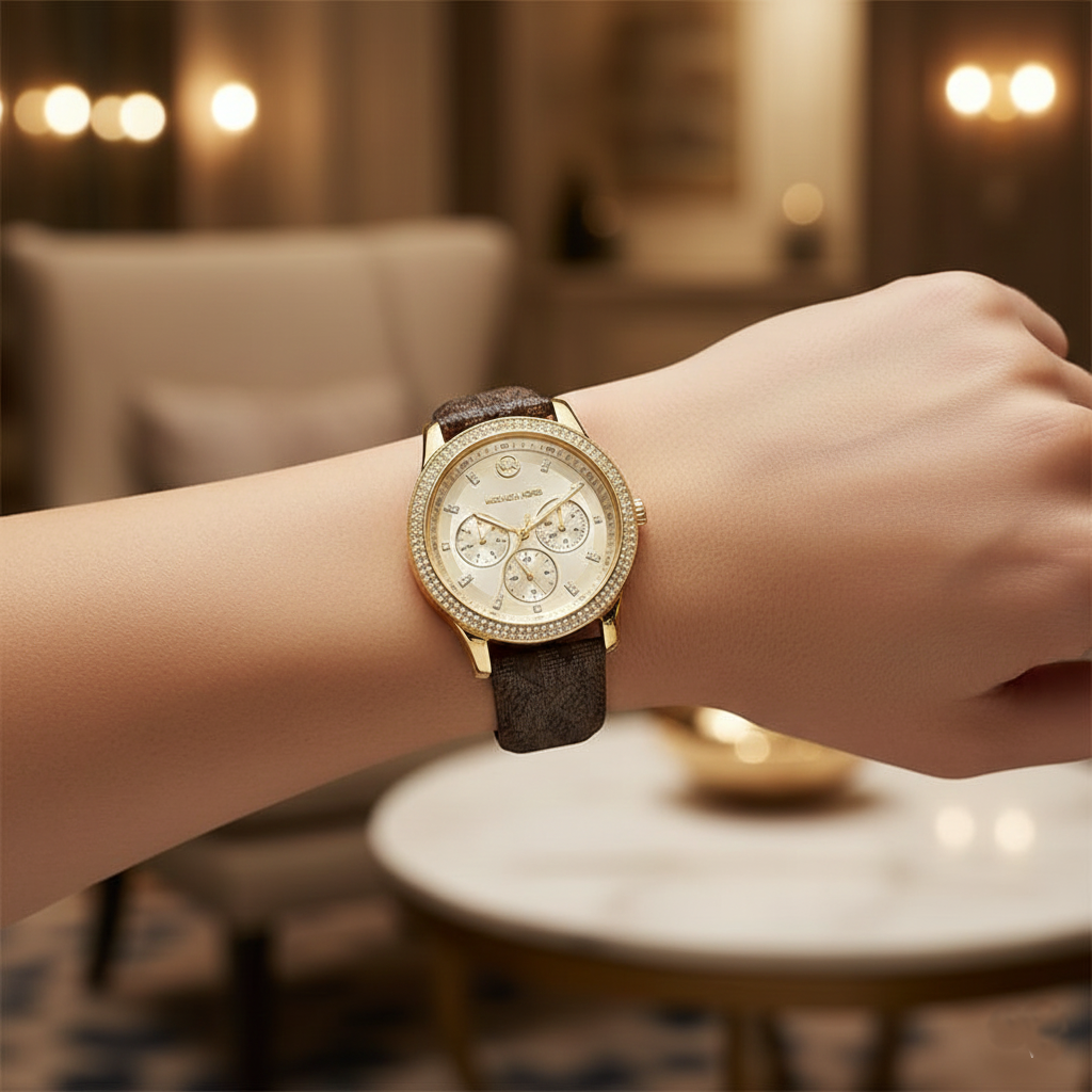 Michael Kors Tibby MK6966 Women’s Gold Dial Brown Leather Multi-Function Watch - Luxury Hub Store