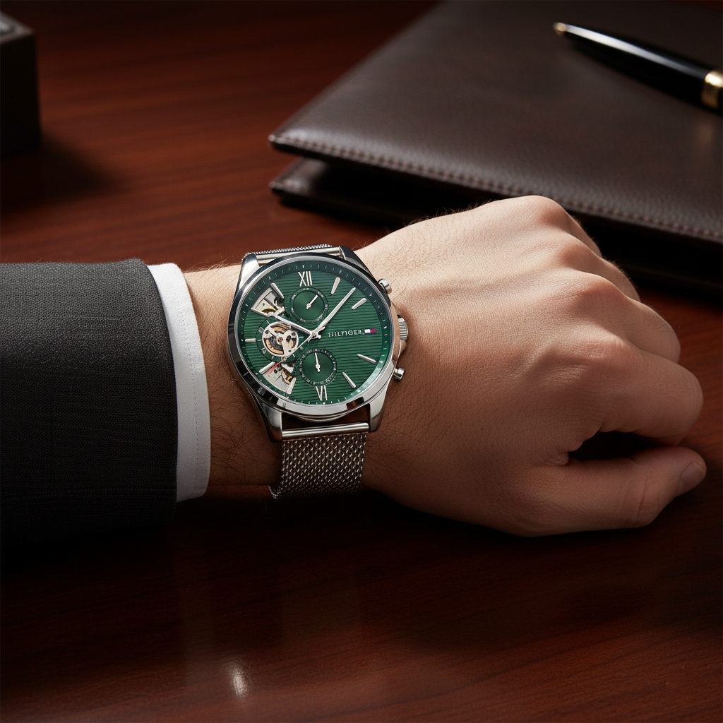 Tommy Hilfiger Cooper | 1710647 | Multi-Function Skeleton Watch - Green Mesh - Luxury Hub Store