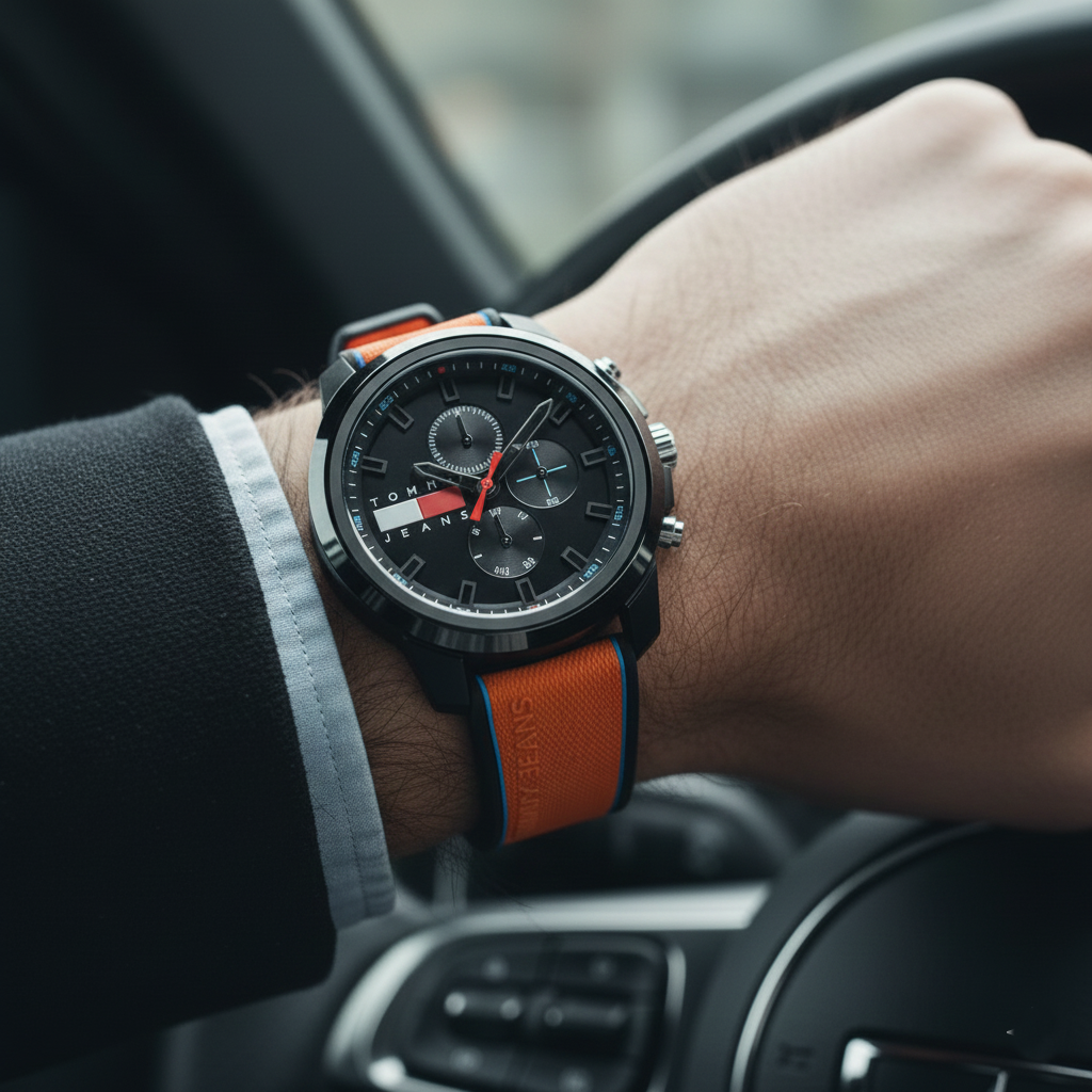 Tommy Jeans Sport Men's Watch 1710583 – Black Dial – Orange Silicone Strap