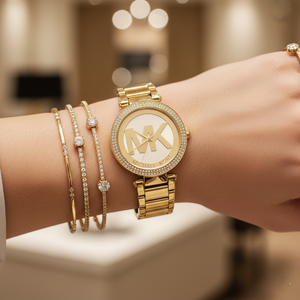Michael Kors MK5784 Parker Women’s Gold Crystal Bezel MK Logo Dial Stainless Steel Watch - Luxury Hub Store