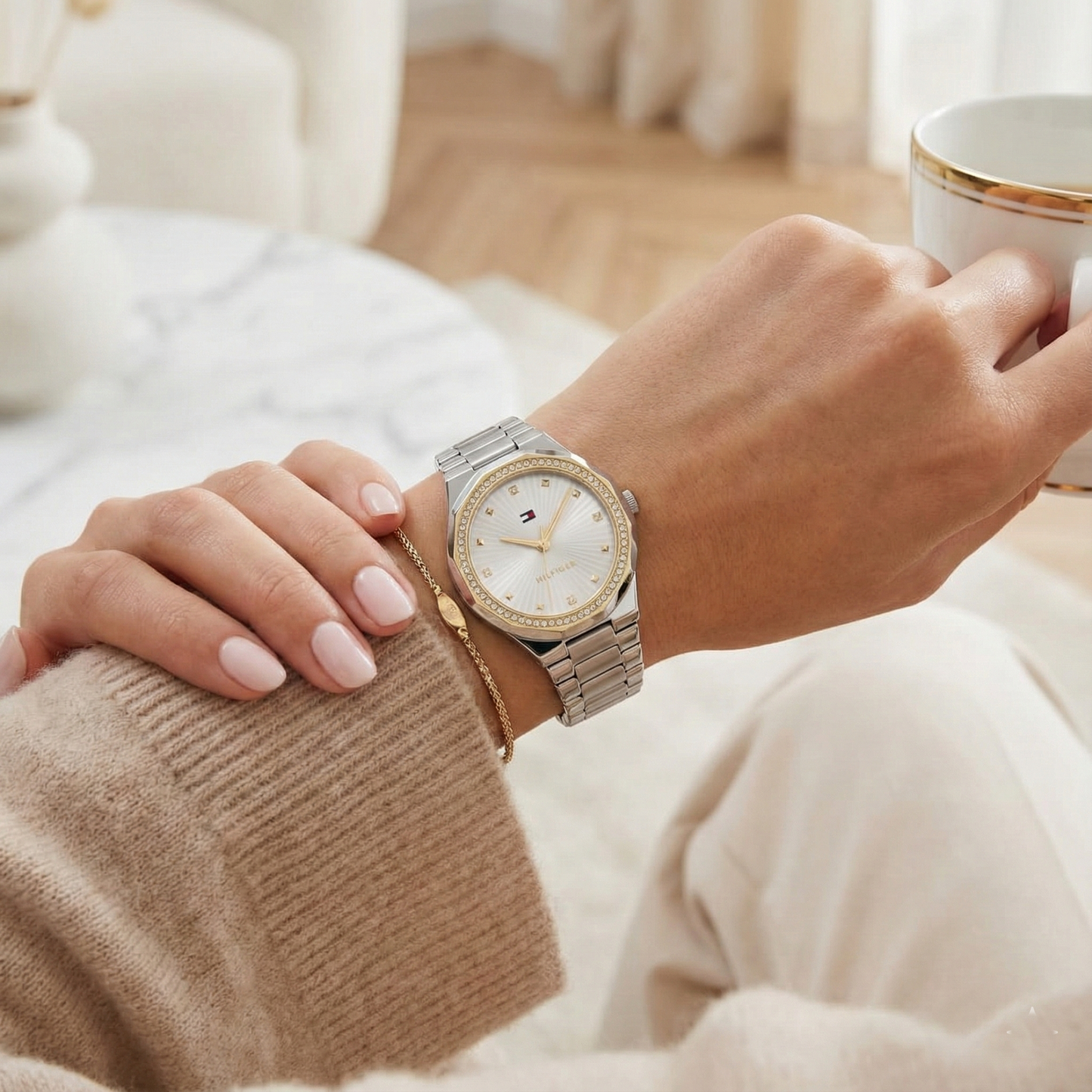 Tommy Hilfiger Ladies Crystal-Accent Watch – Model 1782723 – Silver & Gold Bracelet