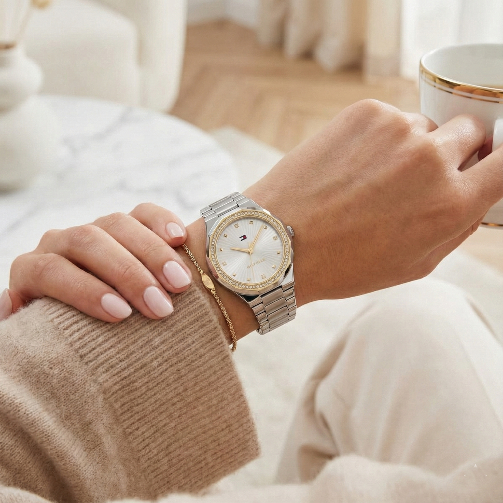 Tommy Hilfiger Ladies Crystal-Accent Watch – Model 1782723 – Silver & Gold Bracelet - Luxury Hub Store