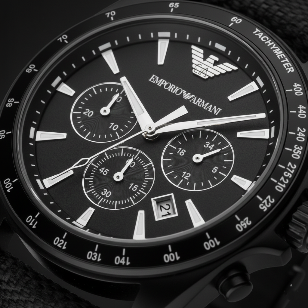 Emporio Armani AR6131 Men’s Black Dial Black Fabric Strap Sigma Chronograph Watch - Luxury Hub Store