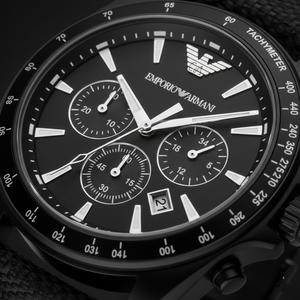 Emporio Armani AR6131 Men’s Black Dial Black Fabric Strap Sigma Chronograph Watch - Luxury Hub Store