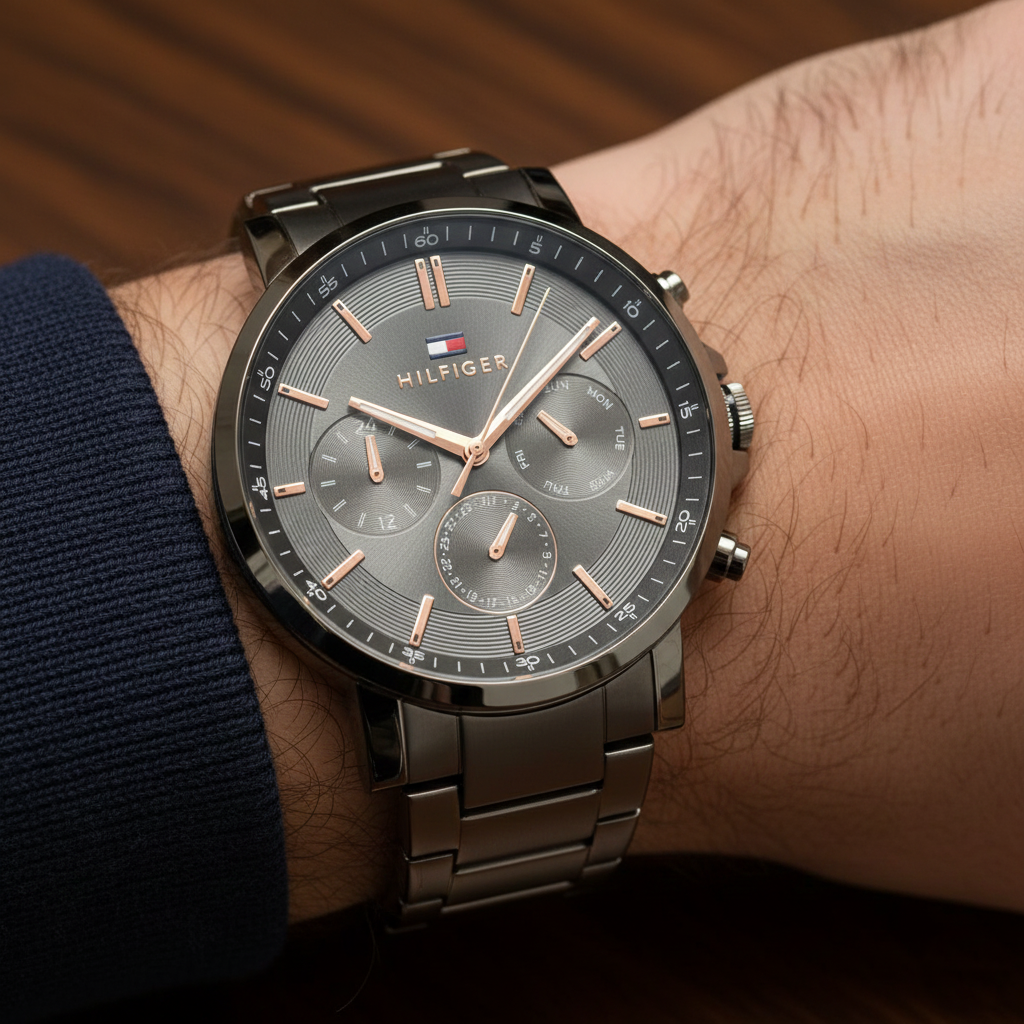 Tommy Hilfiger  1710711 Men’s Multi-Function Watch – Gunmetal Dial & Gunmetal Stainless-Steel Bracelet with Rose-Gold Accents