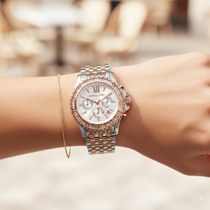 Michael Kors MK5876 Women’s Tri-Tone Baguette Bezel Chronograph Watch - Luxury Hub Store
