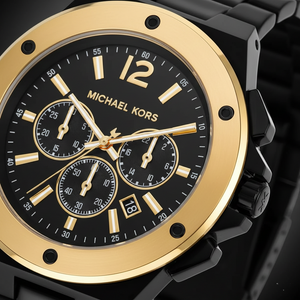 Michael Kors MK8941 Men’s Black Dial Black Gold Stainless Steel Lennox Chronograph Watch - Luxury Hub Store