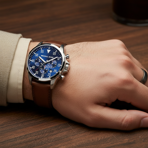 Michael Kors MK8362 Men’s Blue Dial Brown Leather Strap Gage Chronograph Watch - Luxury Hub Store