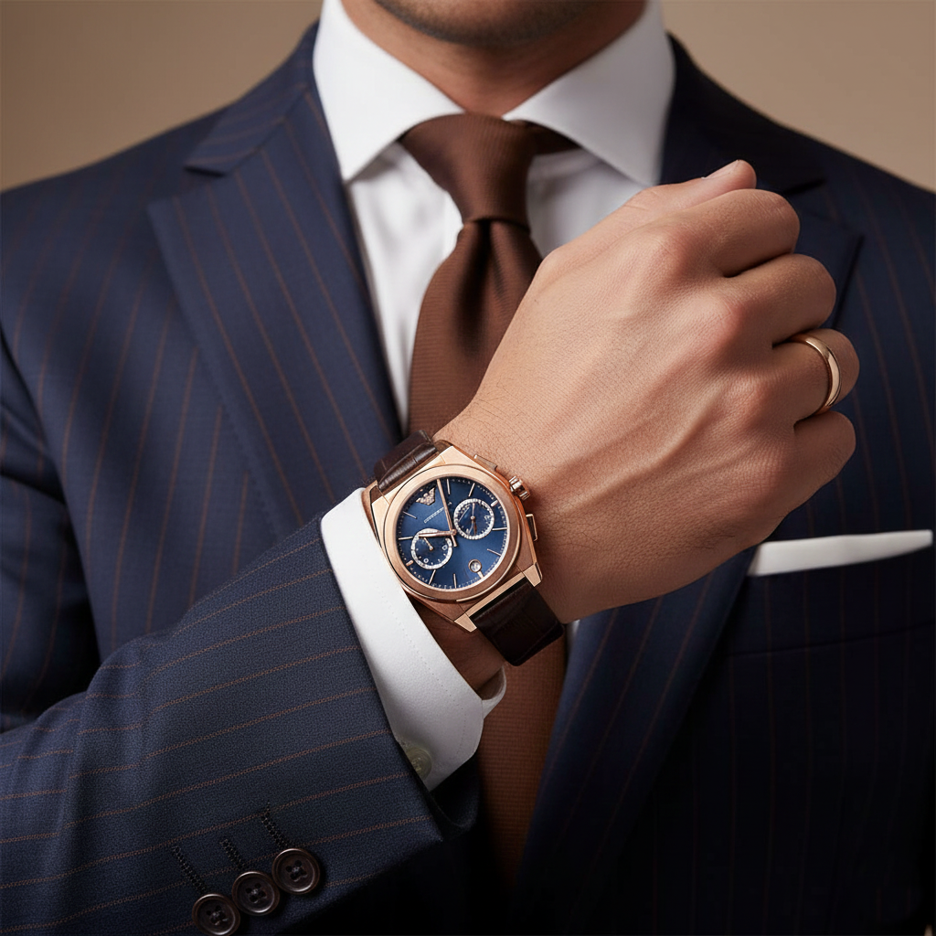 Emporio Armani AR11563 Men’s Blue Dial Brown Leather Federico Chronograph Watch - Luxury Hub Store