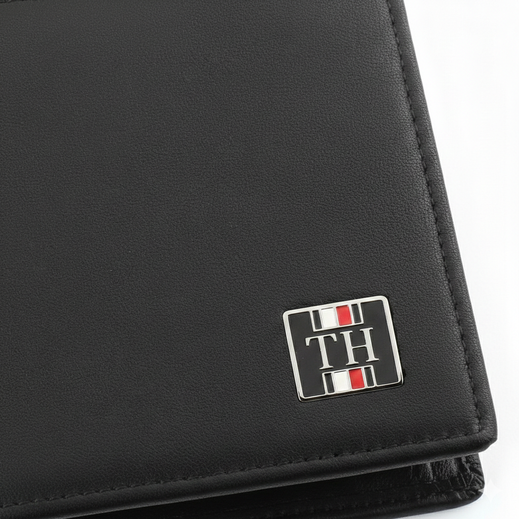 Tommy Hilfiger Men's Authentic Black Saffiano Leather Bifold Wallet with Fabric Logo Patch