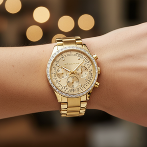 Michael Kors Brinkley MK6187 Women’s Gold Dial Gold-Tone Chronograph Watch - Luxury Hub Store