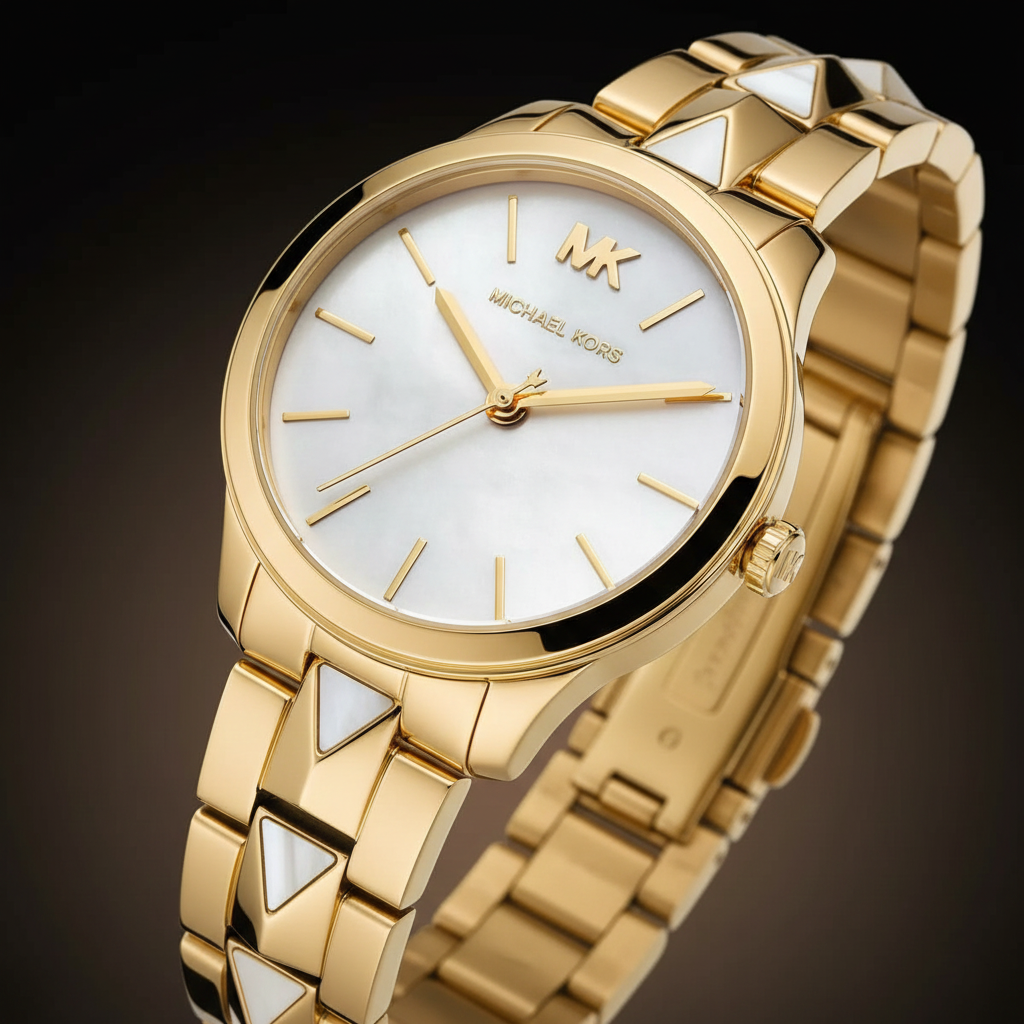 Michael Kors Runway MK6689 Women’s Gold Mother-of-Pearl Dial Pyramid-Link Bracelet Watch - Luxury Hub Store