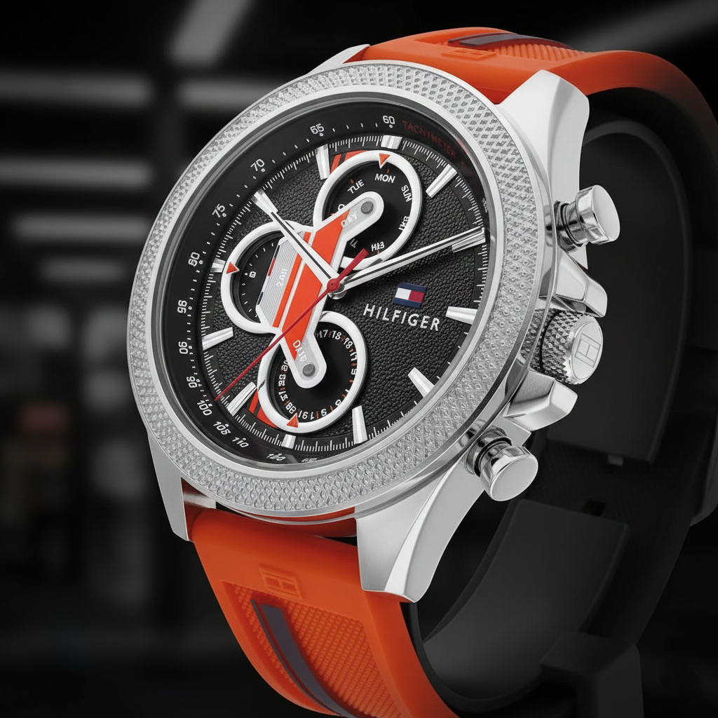 Tommy Hilfiger 1792084 Men's Sport Chronograph Watch – Black Dial with Orange Silicone Strap