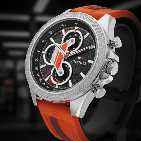 Tommy Hilfiger 1792084 Men's Sport Chronograph Watch – Black Dial with Orange Silicone Strap
