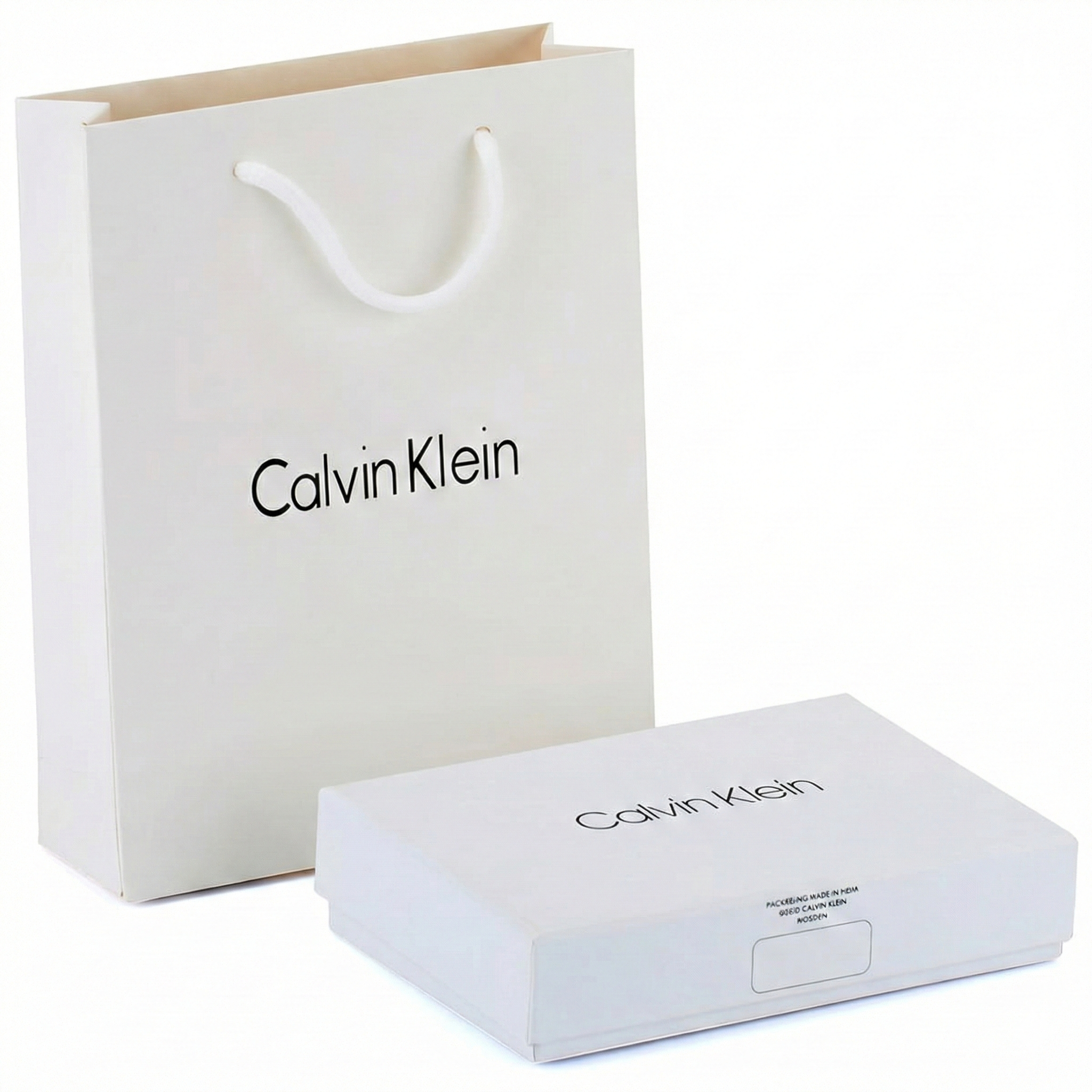 Calvin Klein shopping bag and box on a white background