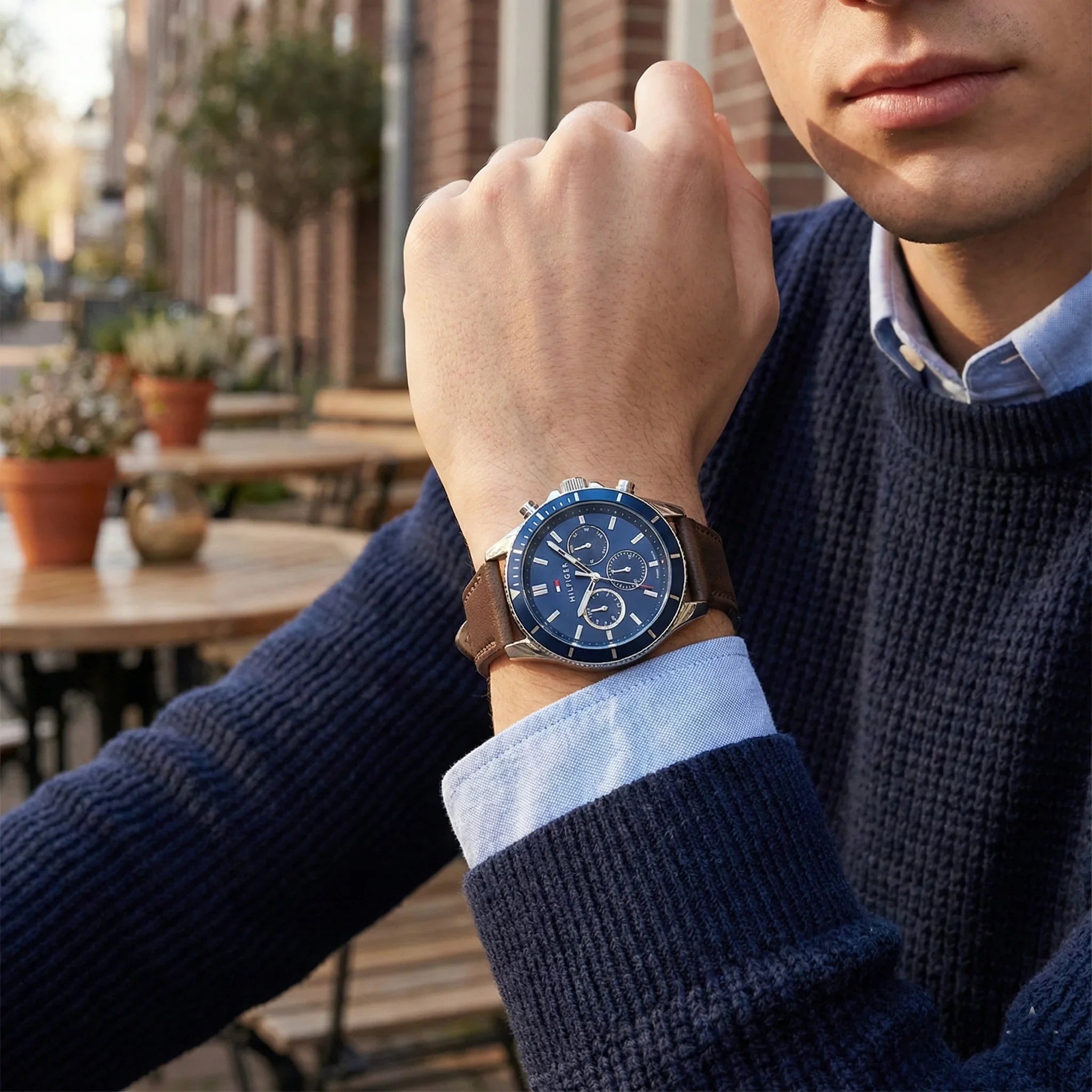 Tommy Hilfiger 1792163 Men’s Chronograph Watch – Blue Dial & Brown Leather Strap - Luxury Hub Store