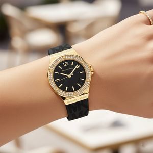 Michael Kors Lennox MK7281 Women’s Gold Case Black Silicone Strap Analog Watch - Luxury Hub Store