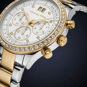 Michael Kors Brinkley MK6188 Women’s Silver & Gold Dial Two-Tone Chronograph Watch - Luxury Hub Store