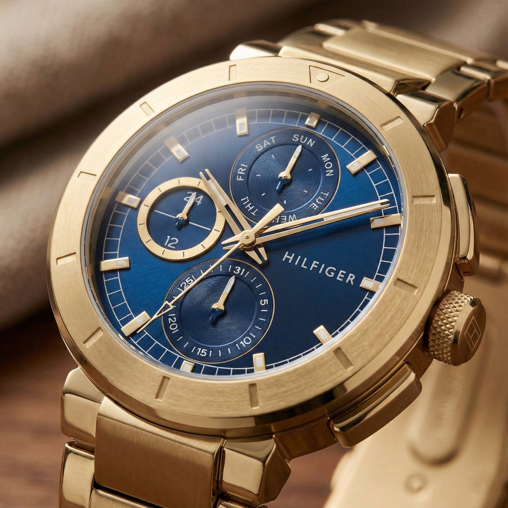 Tommy Hilfiger 1792118 Men’s Multi-Function Watch – Blue Dial & Gold Stainless-Steel Bracelet - Luxury Hub Store