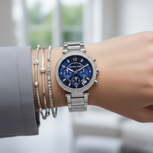 Michael Kors MK6117 Parker Women’s Blue Dial Silver Stainless Steel Chronograph Watch - Luxury Hub Store