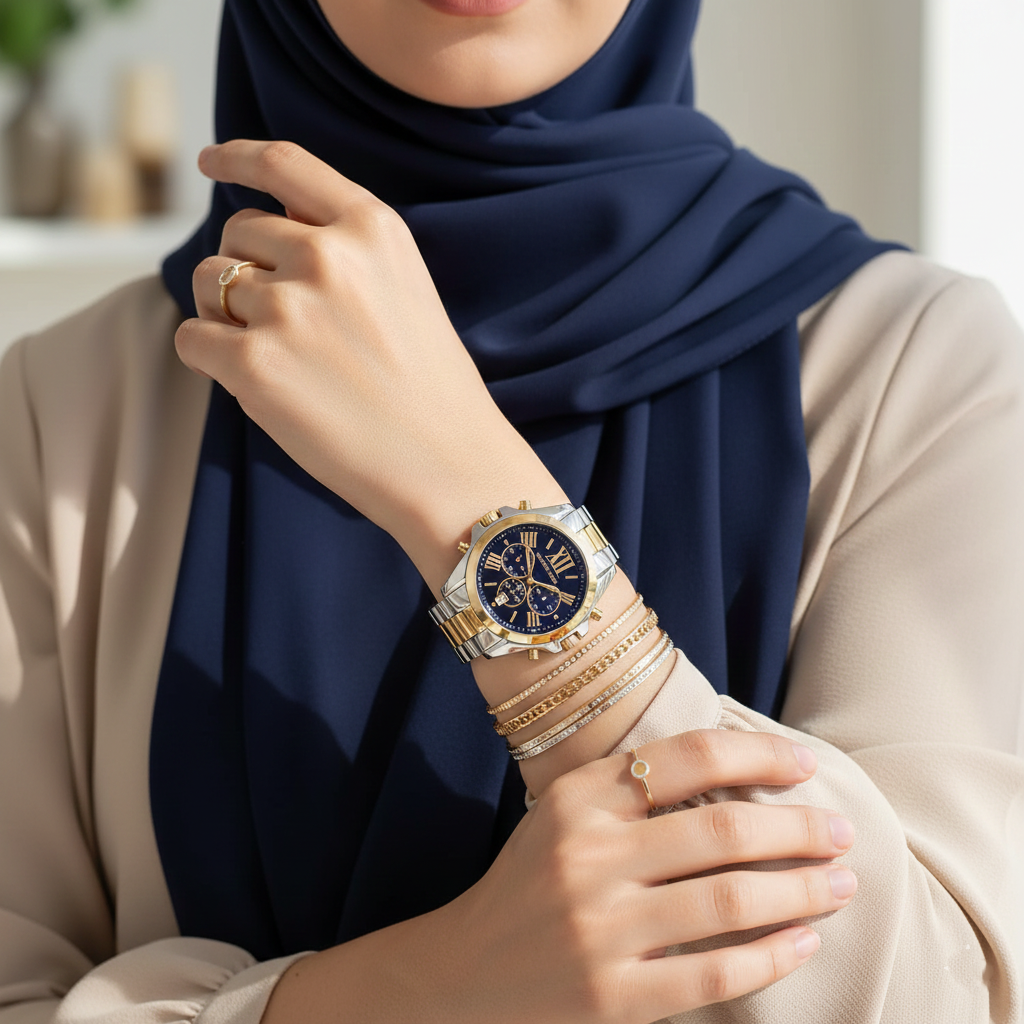 Michael Kors MK5976 Bradshaw Women’s Navy Dial Two-Tone Stainless Steel Chronograph Watch - Luxury Hub Store