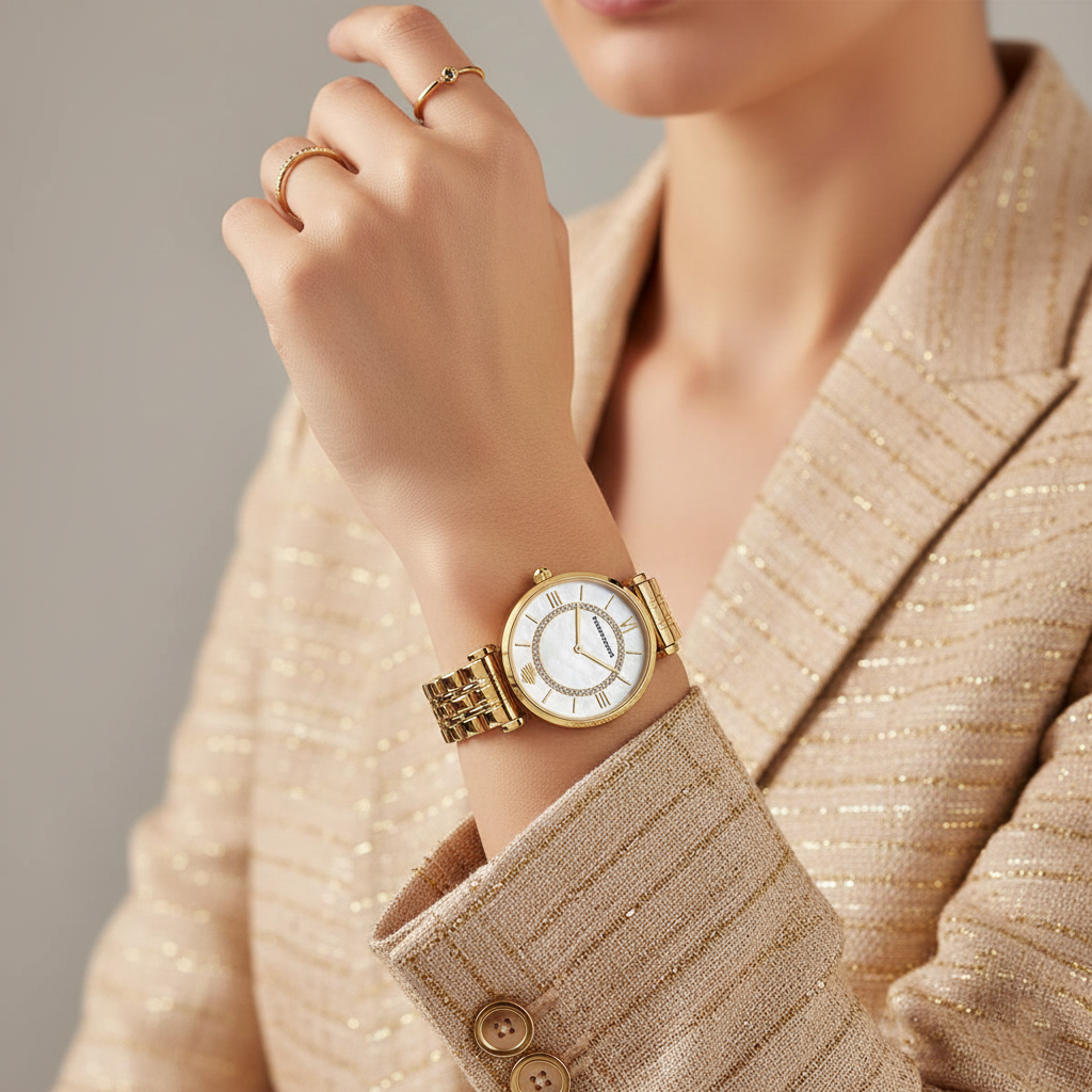 Emporio Armani AR1907 Women’s Mother of Pearl Dial Gold Stainless Steel Gianni T-Bar Watch - Luxury Hub Store