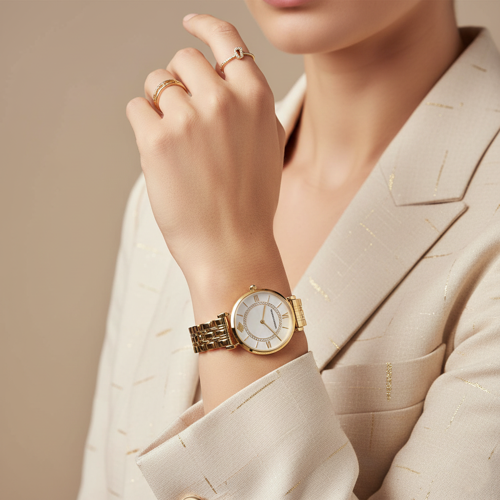 Emporio Armani AR1907 Women’s Mother of Pearl Dial Gold Stainless Steel Gianni T-Bar Watch - Luxury Hub Store