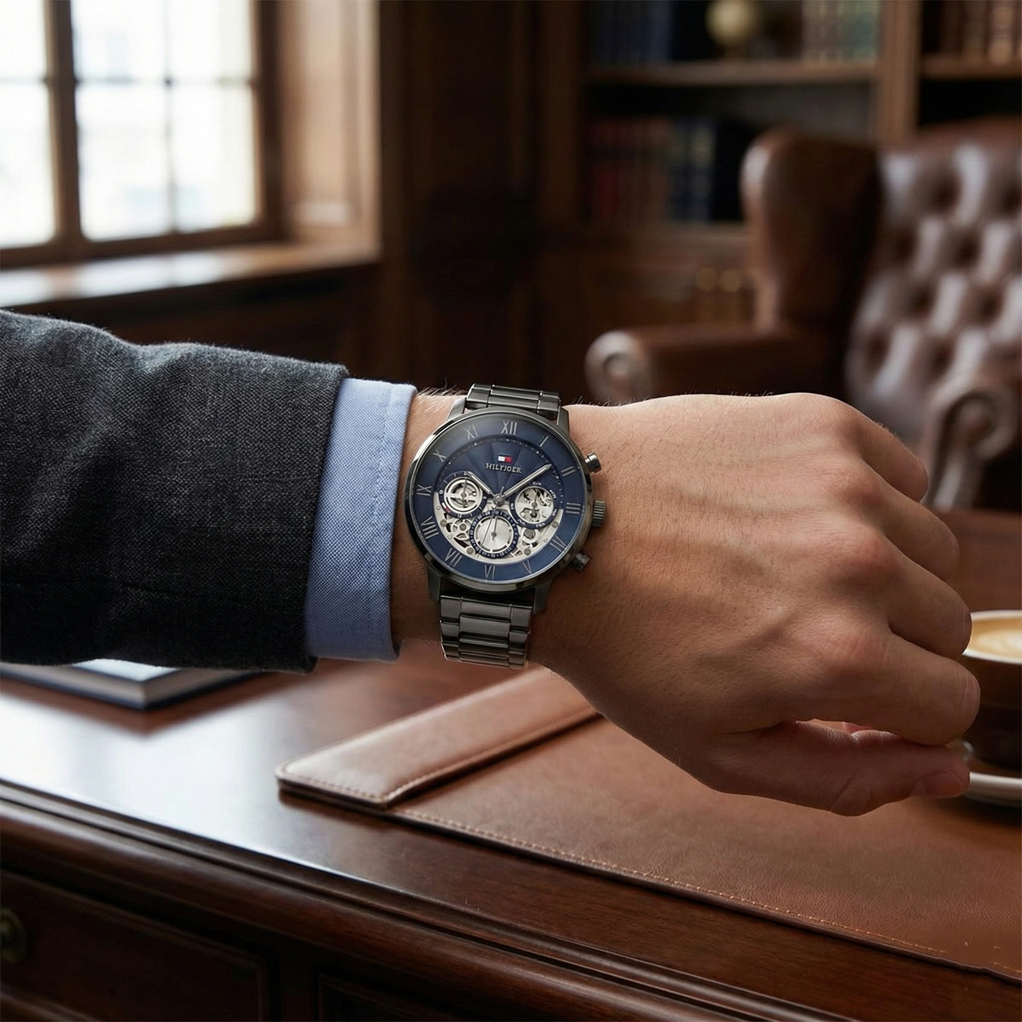 Tommy Hilfiger 1710569 Men’s Multi-Function Watch – Blue Skeleton Dial & Gunmetal Stainless-Steel Bracelet