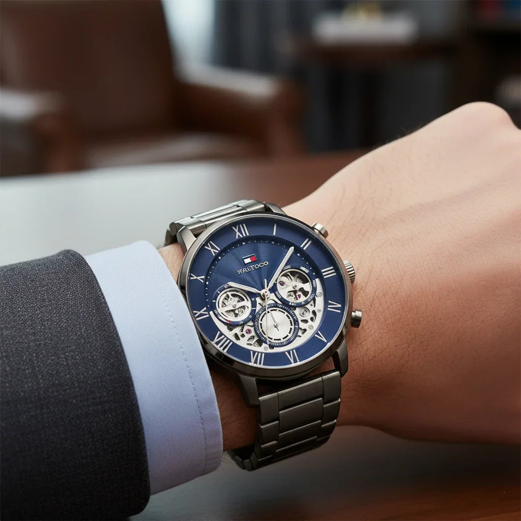 Tommy Hilfiger 1710569 Men’s Multi-Function Watch – Blue Skeleton Dial & Gunmetal Stainless-Steel Bracelet - Luxury Hub Store