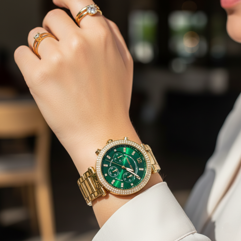 Michael Kors MK6263 Parker Women’s Green Dial Gold Chronograph Watch - Luxury Hub Store
