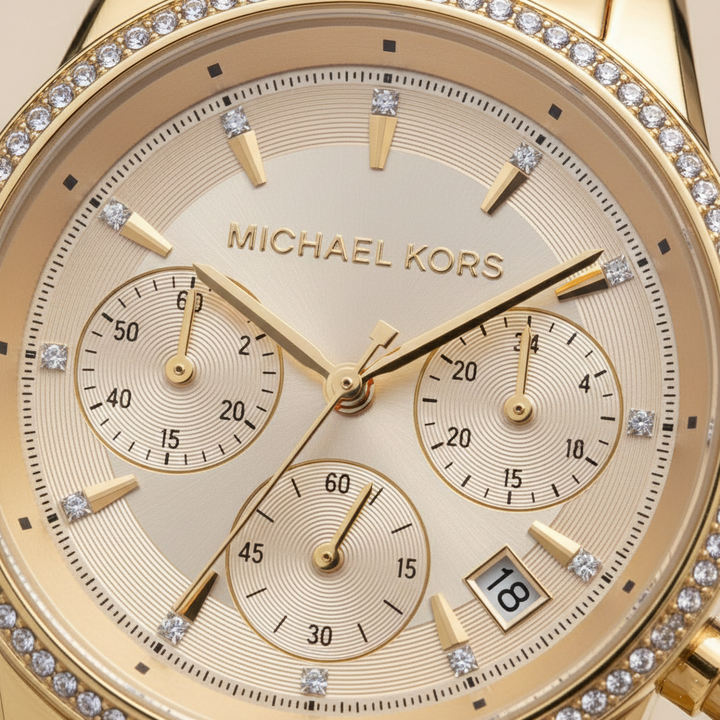 Michael Kors MK6597 Ritz Women’s Gold Dial Gold Stainless Steel Chronograph Watch - Luxury Hub Store