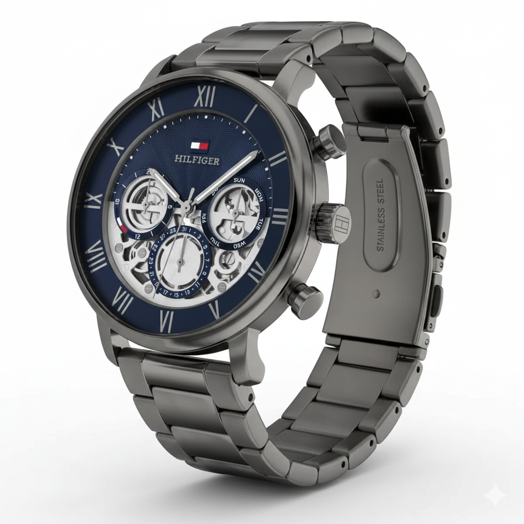 Tommy Hilfiger 1710569 Men’s Multi-Function Watch – Blue Skeleton Dial & Gunmetal Stainless-Steel Bracelet